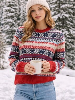 J.Crew Fair Isle Wool Blend Sweater Large Red Nordic Cozy Winter